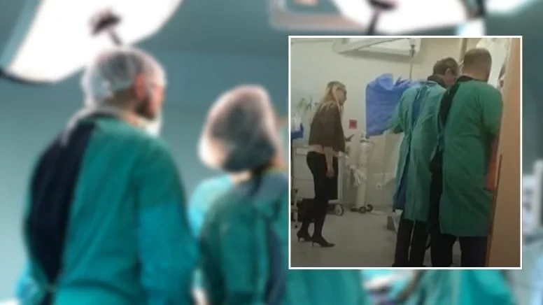 A blurred image of surgeons in an operating room, with an inset photo showing a casually dressed hospital accountant entering the room to negotiate stent prices with a patient mid-surgery.