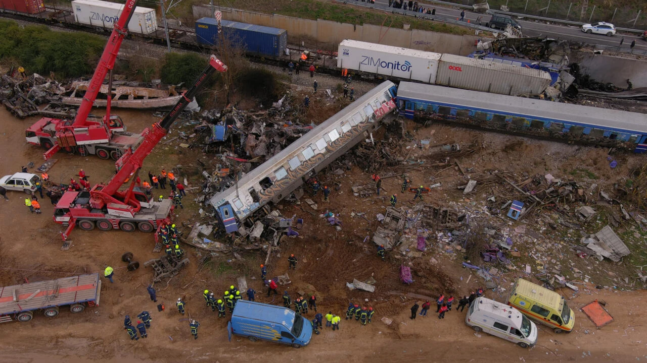 Emergency responders work at the scene of a train crash near Larissa, Greece, on March 1, 2023