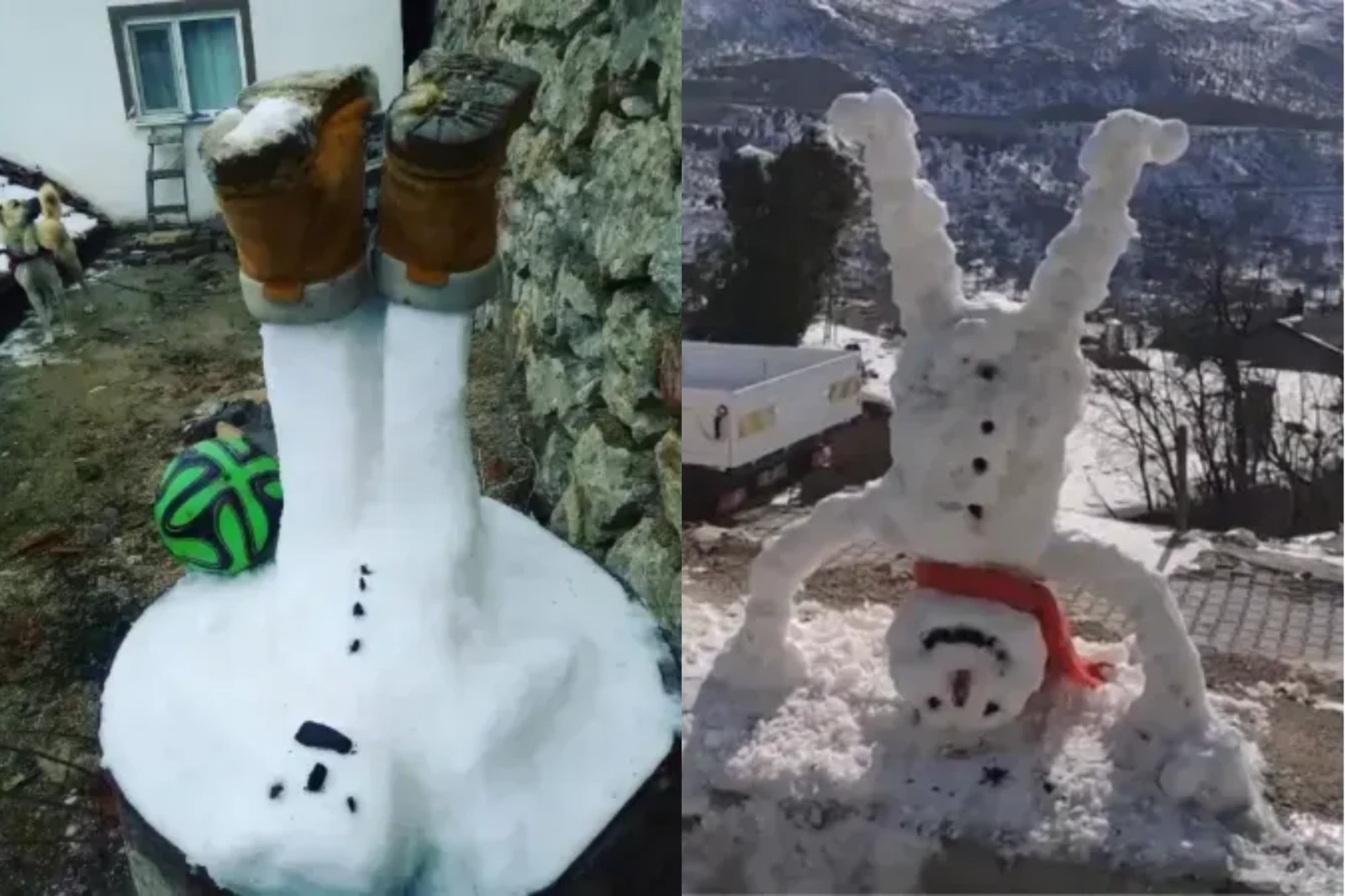 Two separate snowmen appear flipped upside down, one featuring realistic boots at the top, while the other is sculpted with arms supporting its handstand position.