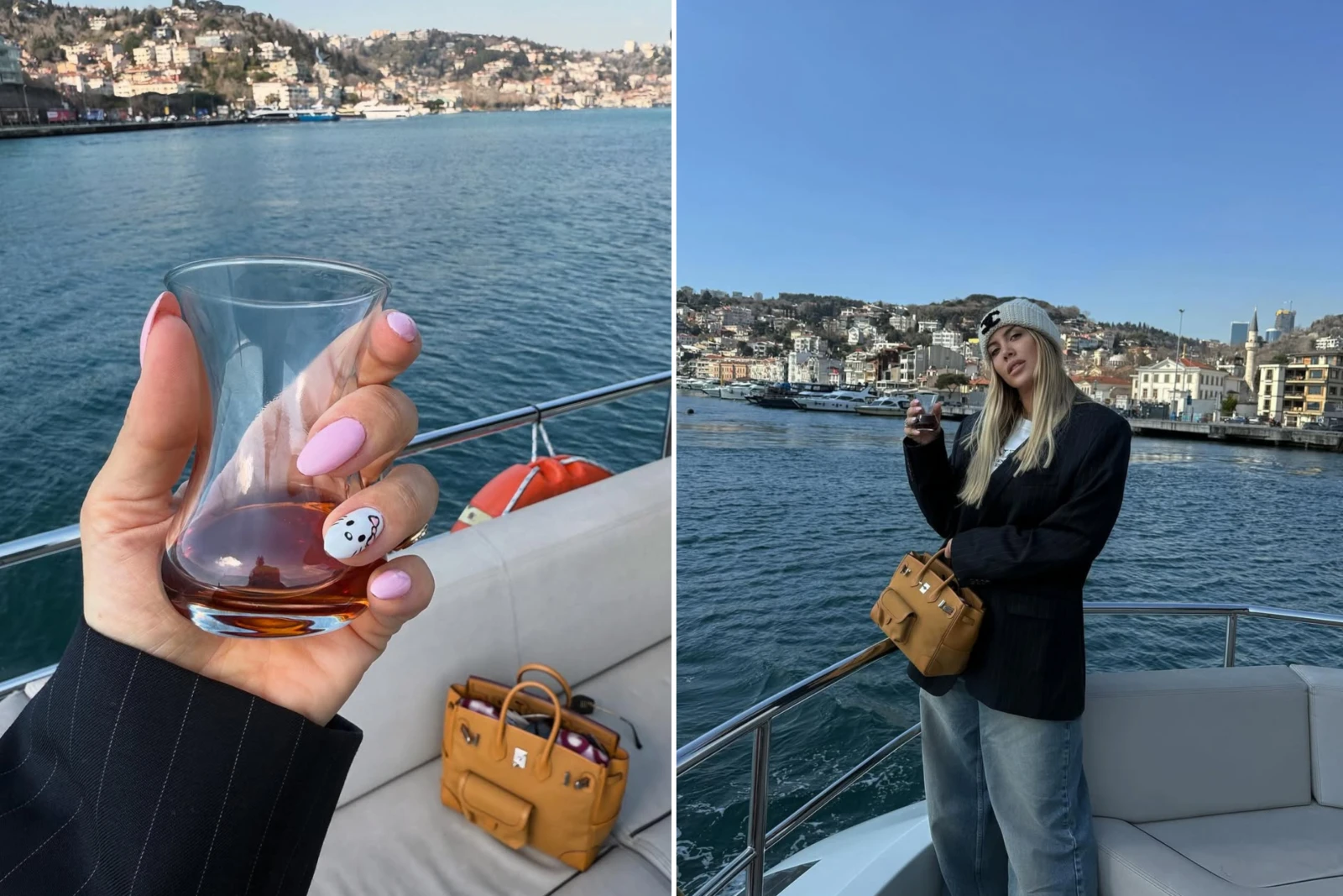 Wanda Nara on a boat in the Bosphorus, sipping Turkish tea while wearing a beanie and a blazer, with the Istanbul skyline in the background.