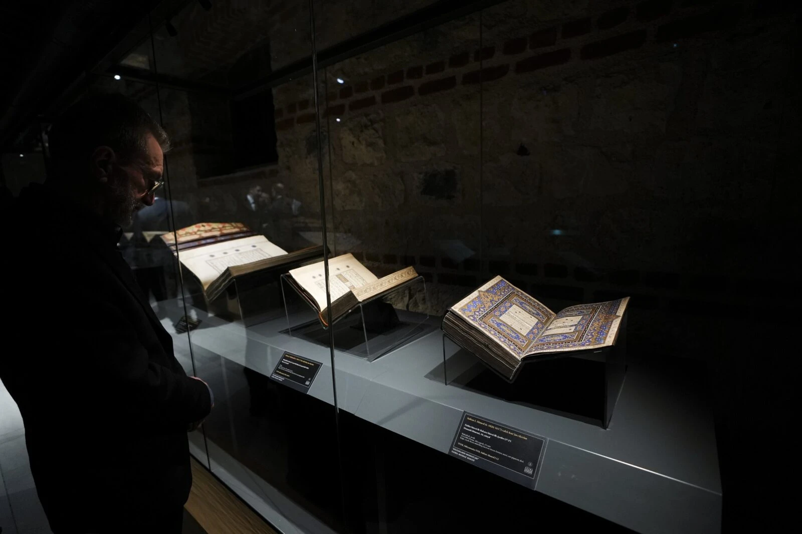 A selection of historical Mushafs exhibited at the "Mushafs of the Sultans" event at Rami Library, Istanbul, Türkiye.