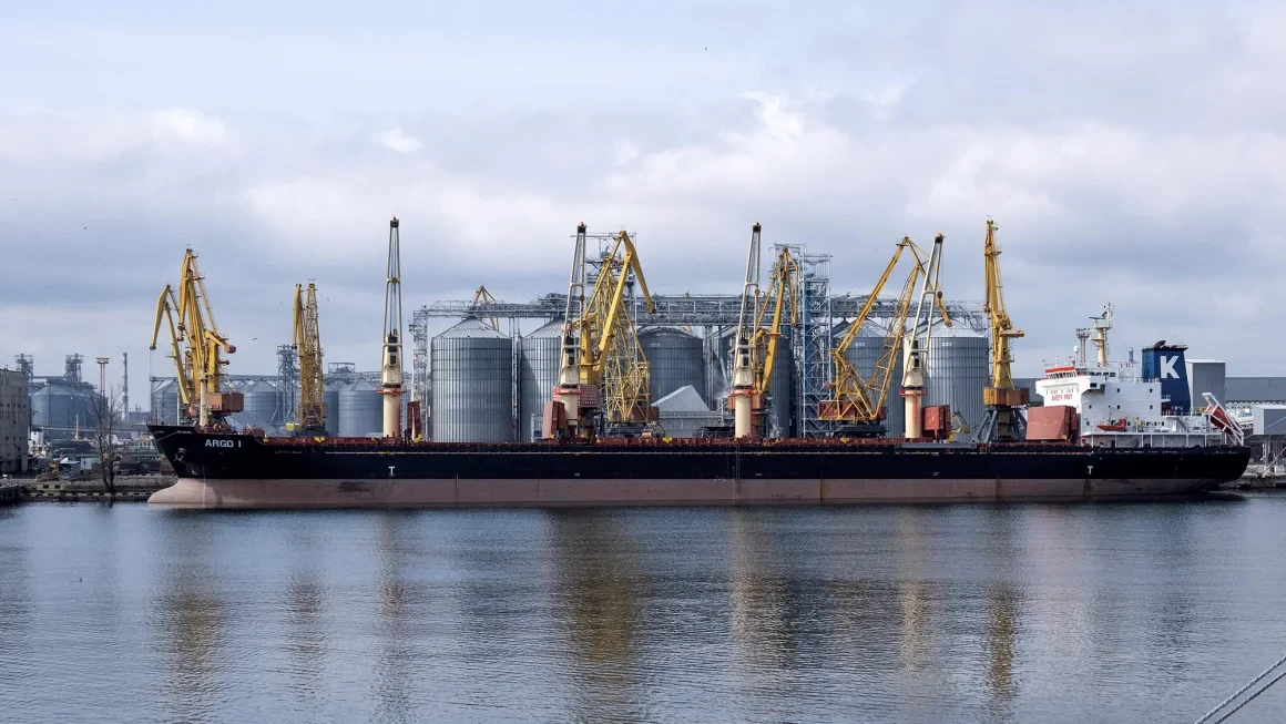 A bulk carrier ship is docked at a grain terminal