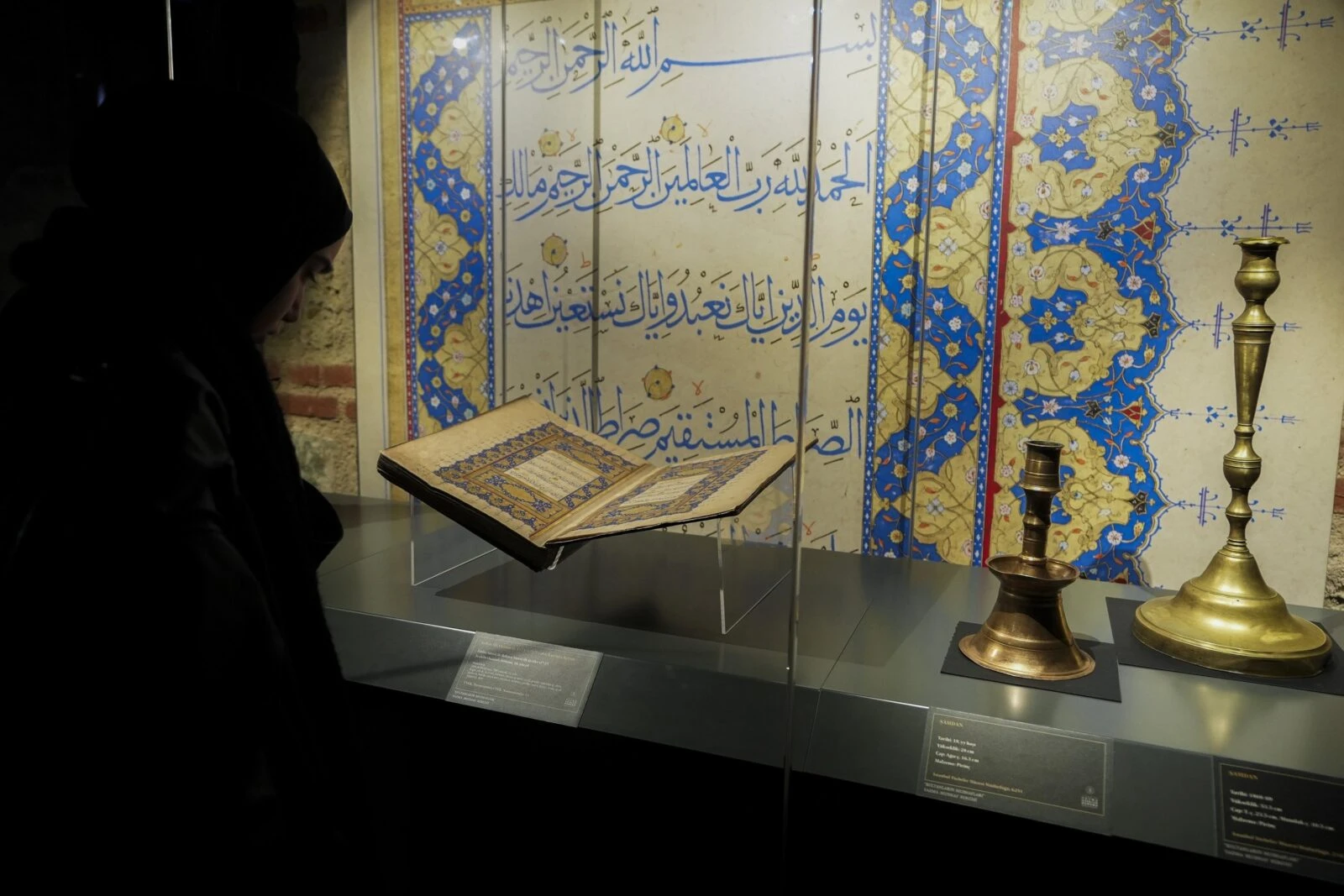 A selection of historical Mushafs exhibited at the "Mushafs of the Sultans" event at Rami Library, Istanbul, Türkiye.