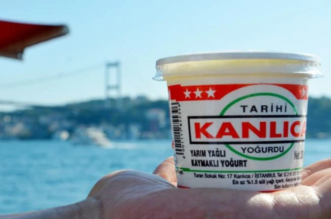 A bowl of Kanlıca Yogurt against the scenic backdrop of the Bosphorus Bridge.