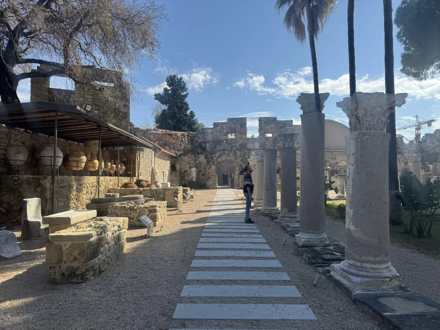 An exterior view of the Side Museum, originally an ancient bathhouse from the 2nd century A.D., located in the Ancient City of Side, Manavgat, Antalya.