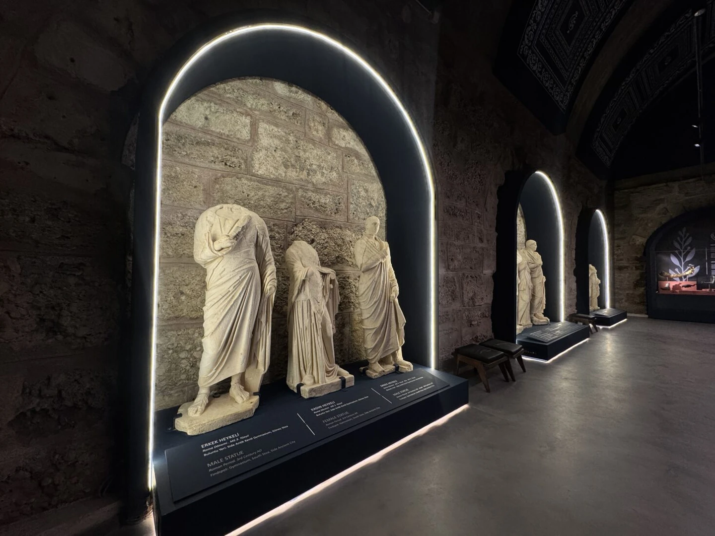 An exterior view of the Side Museum, originally an ancient bathhouse from the 2nd century A.D., located in the Ancient City of Side, Manavgat, Antalya.