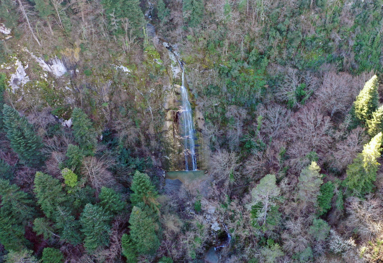 Aerial shot of Değirmendere Waterfall in the Şenpazar district of Kastamonu, Turkey.