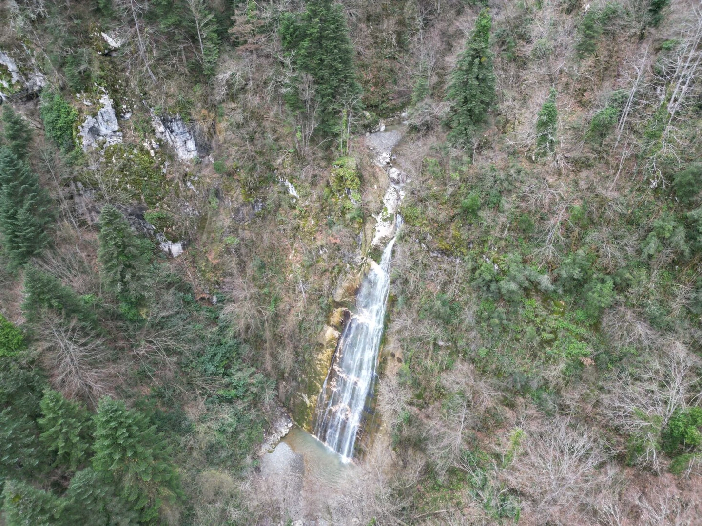 Aerial shot of Degirmendere Waterfall in the Şenpazar district of Kastamonu, Turkey.