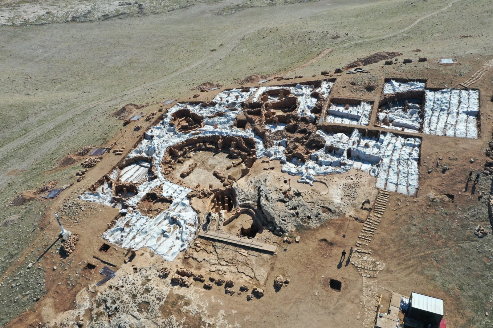 Protective roof construction at Karahantepe Archaeological Site in Sanliurfa for Neolithic-era artifacts.