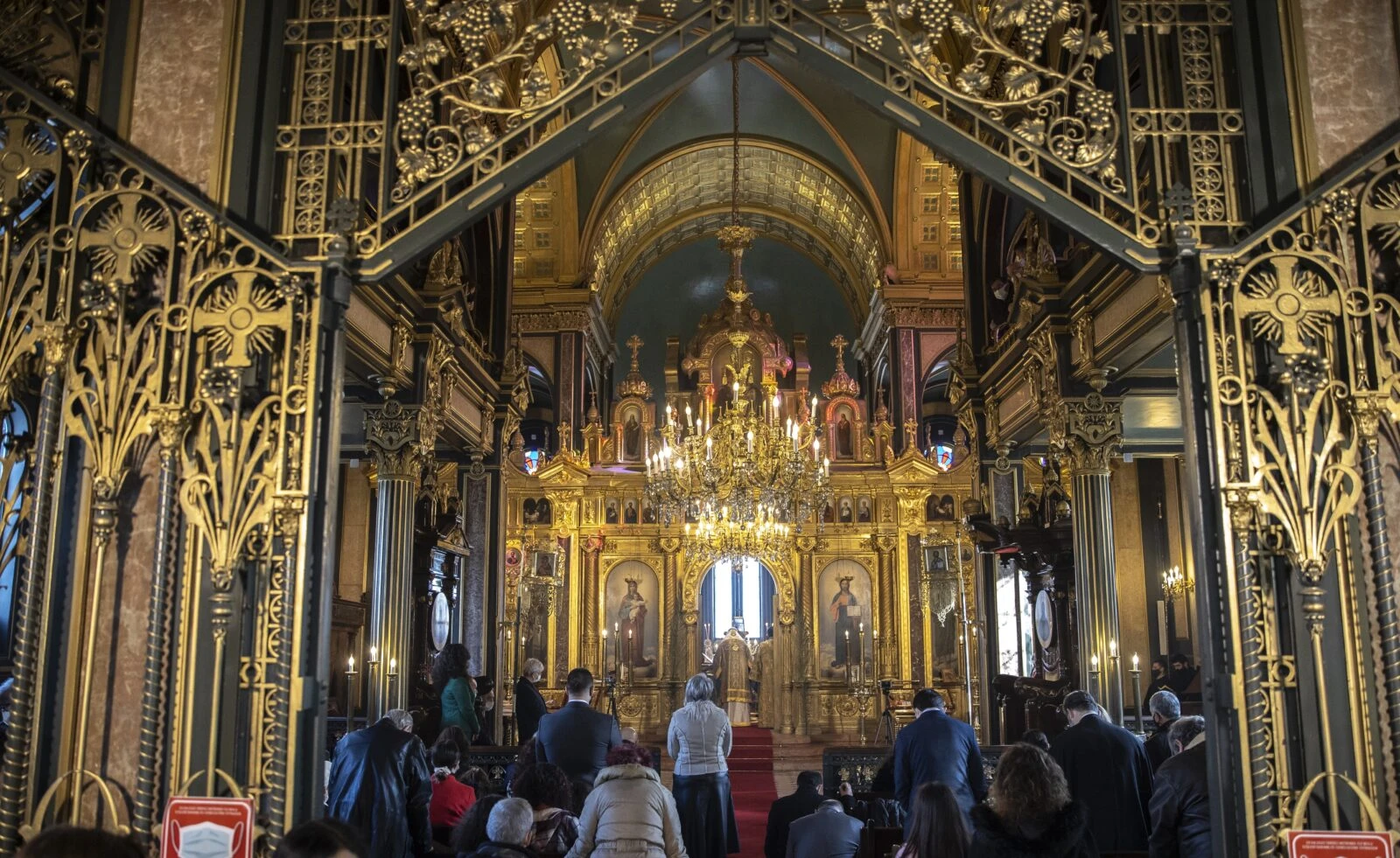 An interior view of the Sveti Stefan Iron Church in Istanbul, Türkiye.