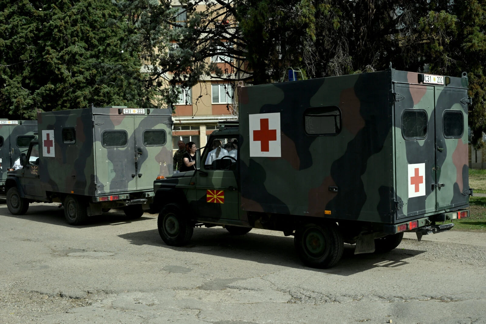 Photo shows Medical units of the Macedonian army arrive to reinforce the staff at a local hospital in Kocani