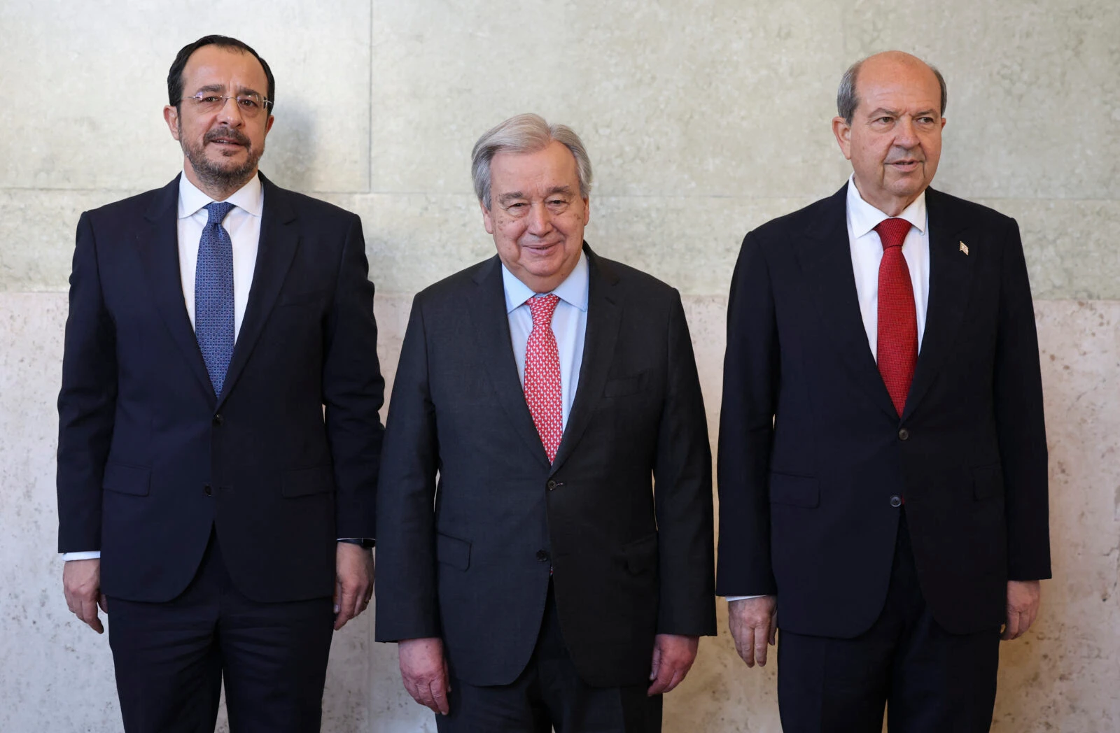 Geneva Cyprus meeting signals departure from federal model: Turkish sources 4 UN Secretary-General Antonio Guterres (C) poses with Greek Cyprus Leader Nikos Christodoulides (L) and President of Turkish Republic of Northern Cyprus Ersin Tatar (R) before a meeting with at the United Nations