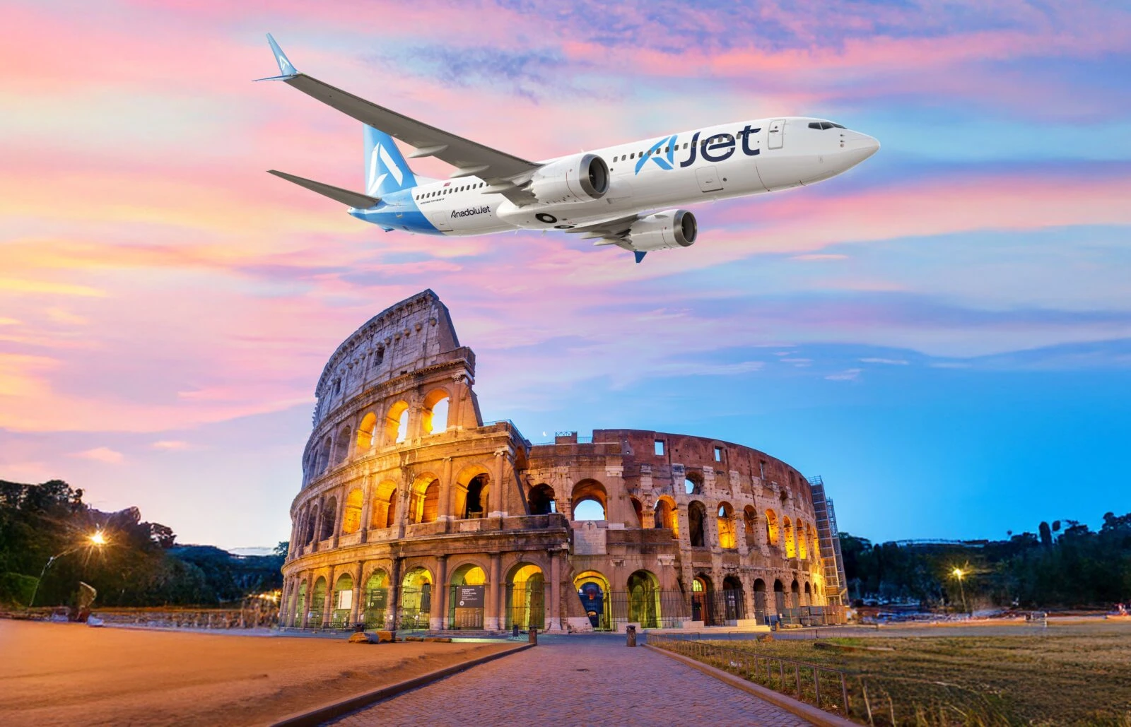 AJet plane flying over the Colosseum in Rome