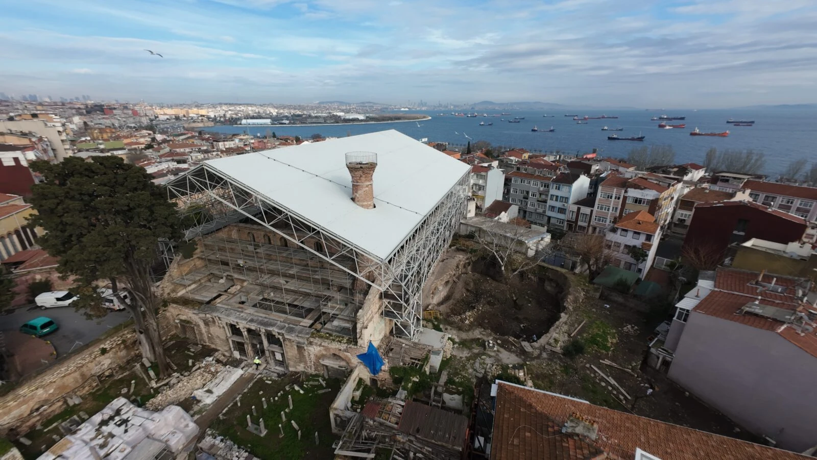 Temporary Space Frame System Roof installed at Imrahor Ilyas Bey Mosque, sealing the roof for the first time in 100 years.