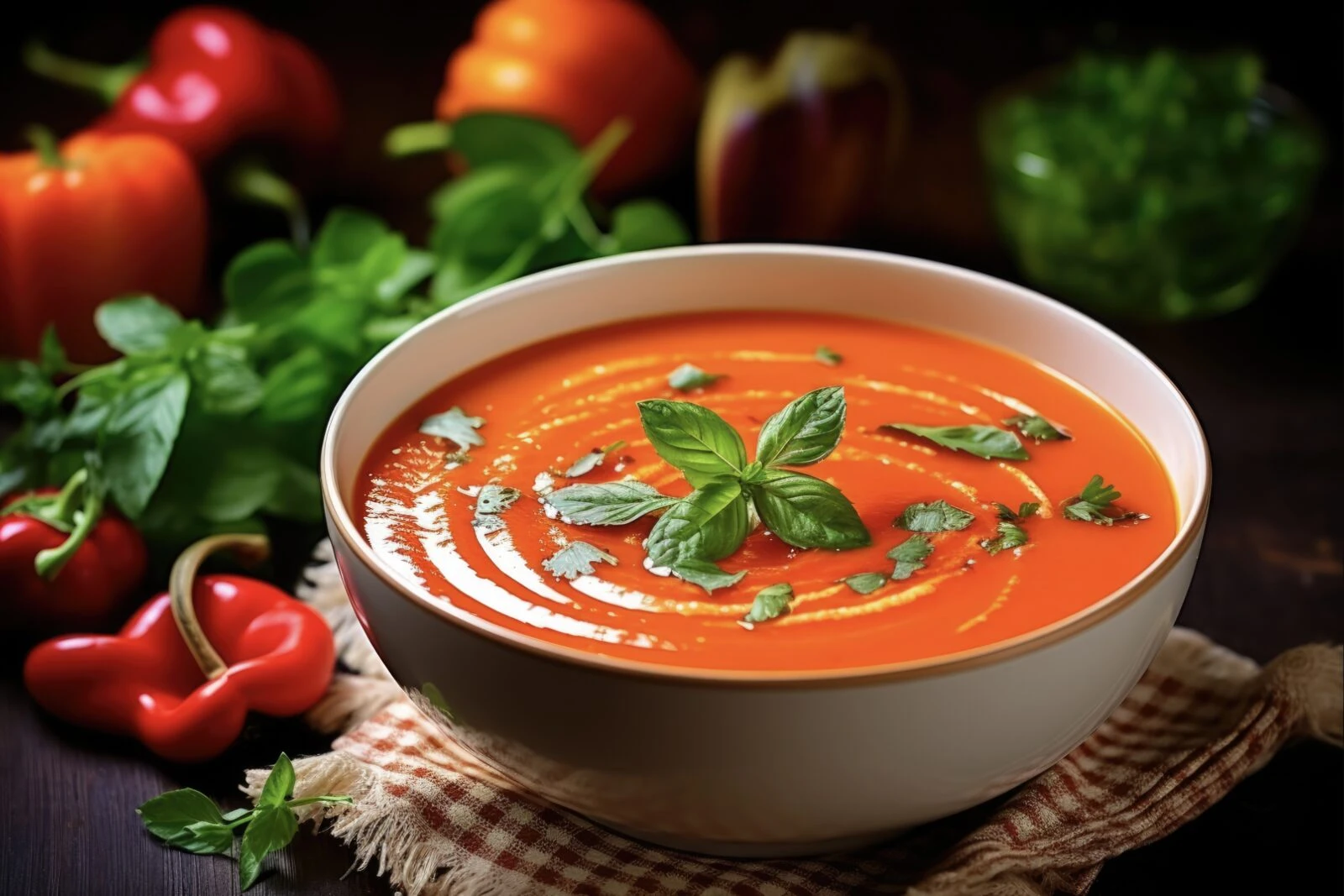 Ramadan 2025 soup - A bowl of creamy roasted red bell pepper soup garnished with fresh basil and served with a rustic backdrop.