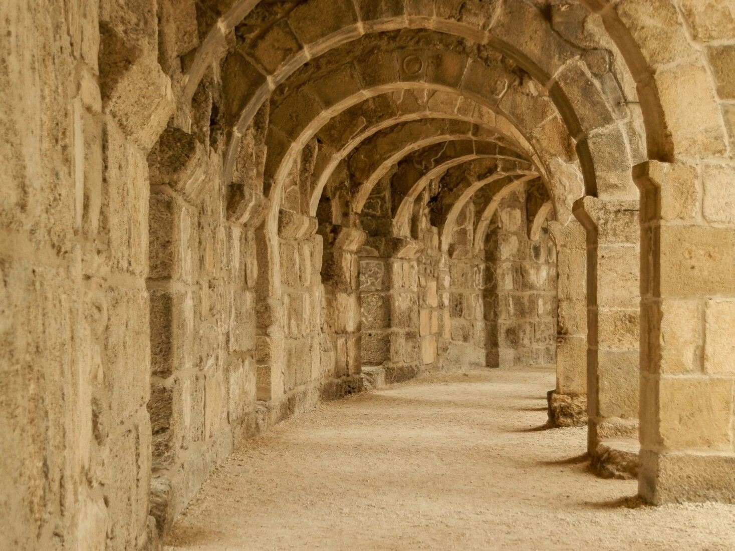 Arches of the top floor in the Aspendos amphitheater in Antalya, Türkiye.