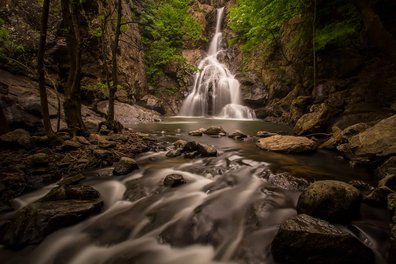 A scenic view of Erikli Waterfall in Yalova province, surrounded by dense green forests and rocky terrain, with a flowing stream in the foreground.