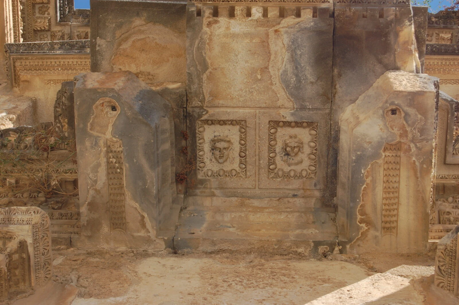 A detailed relief on the ceiling of the Aspendos amphitheater in Antalya, Türkiye.