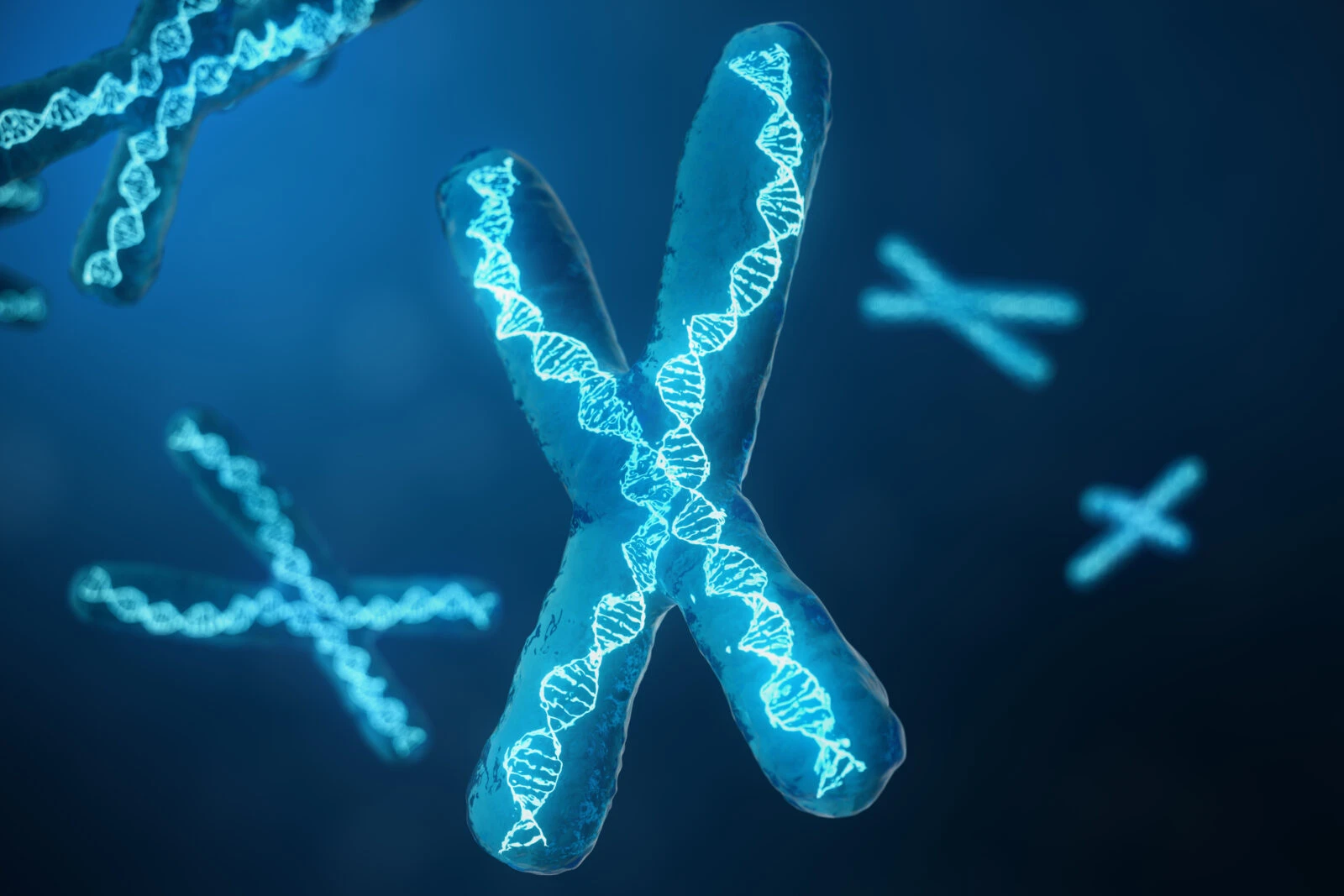 Brightly lit X chromosome with DNA helix pattern, symbolizing gene activation.