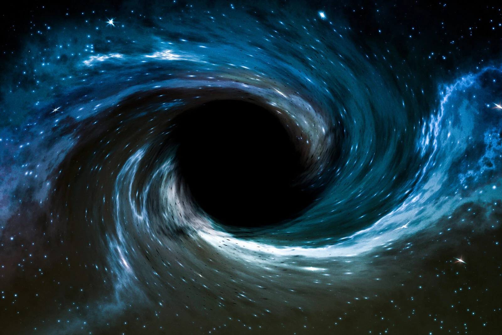     Digital rendering of a black hole with a glowing blue accretion disk, illustrating extreme gravitational forces and cosmic energy flow.