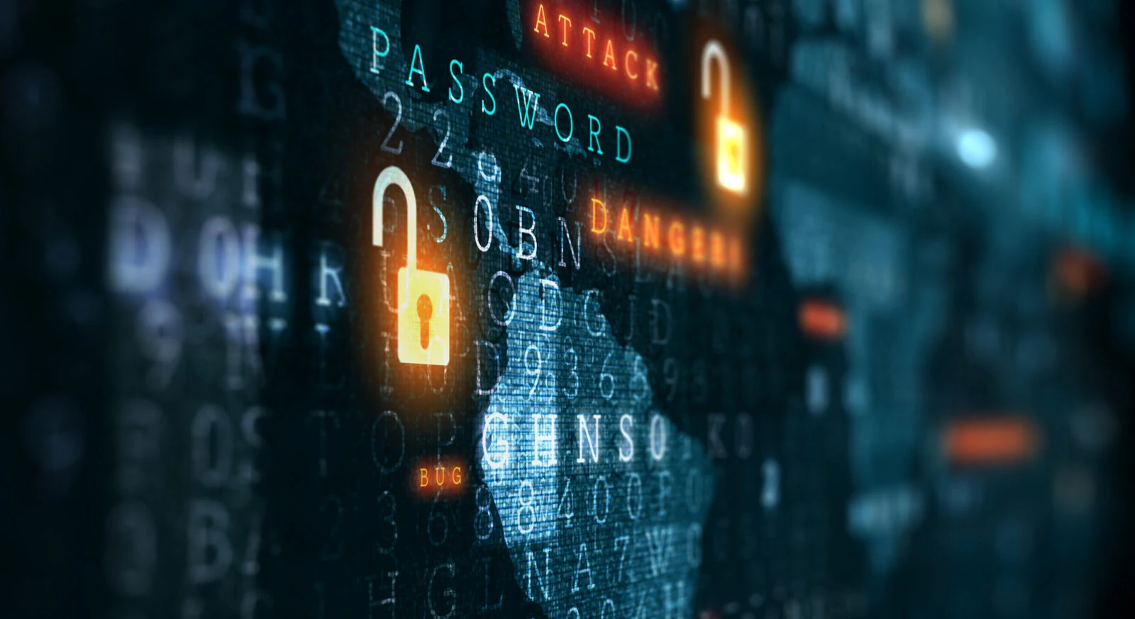 A digital security visualization showing an open padlock symbol in gold against a dark blue background with various cybersecurity terms like "PASSWORD," "ATTACK," "DANGER," and "BUG" illuminated in different colors. Binary code and data elements float in the background, creating a visual representation of a data breach or cybersecurity threat.