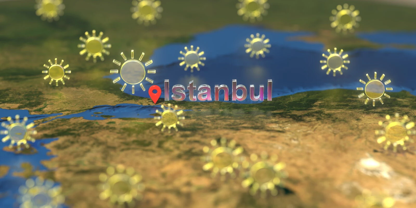 Istanbul city and sunny weather icon on the map, weather forecast related 3D rendering