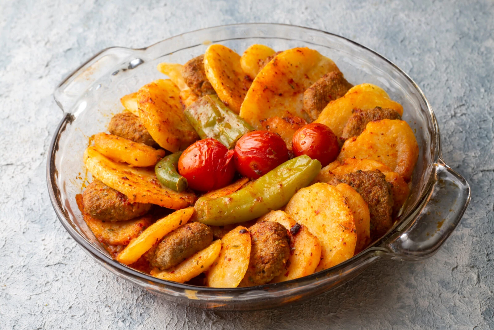 A traditional Turkish iftar meal dish featuring baked meatballs with sliced potatoes, green peppers, and tomatoes in a glass baking dish.