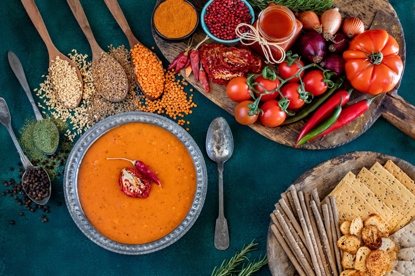 A bowl of Ezogelin soup, a traditional Turkish lentil soup, surrounded by wooden spoons filled with lentils, bulgur, and spices, along with tomatoes, peppers, and crackers, creating a colorful and inviting setting.