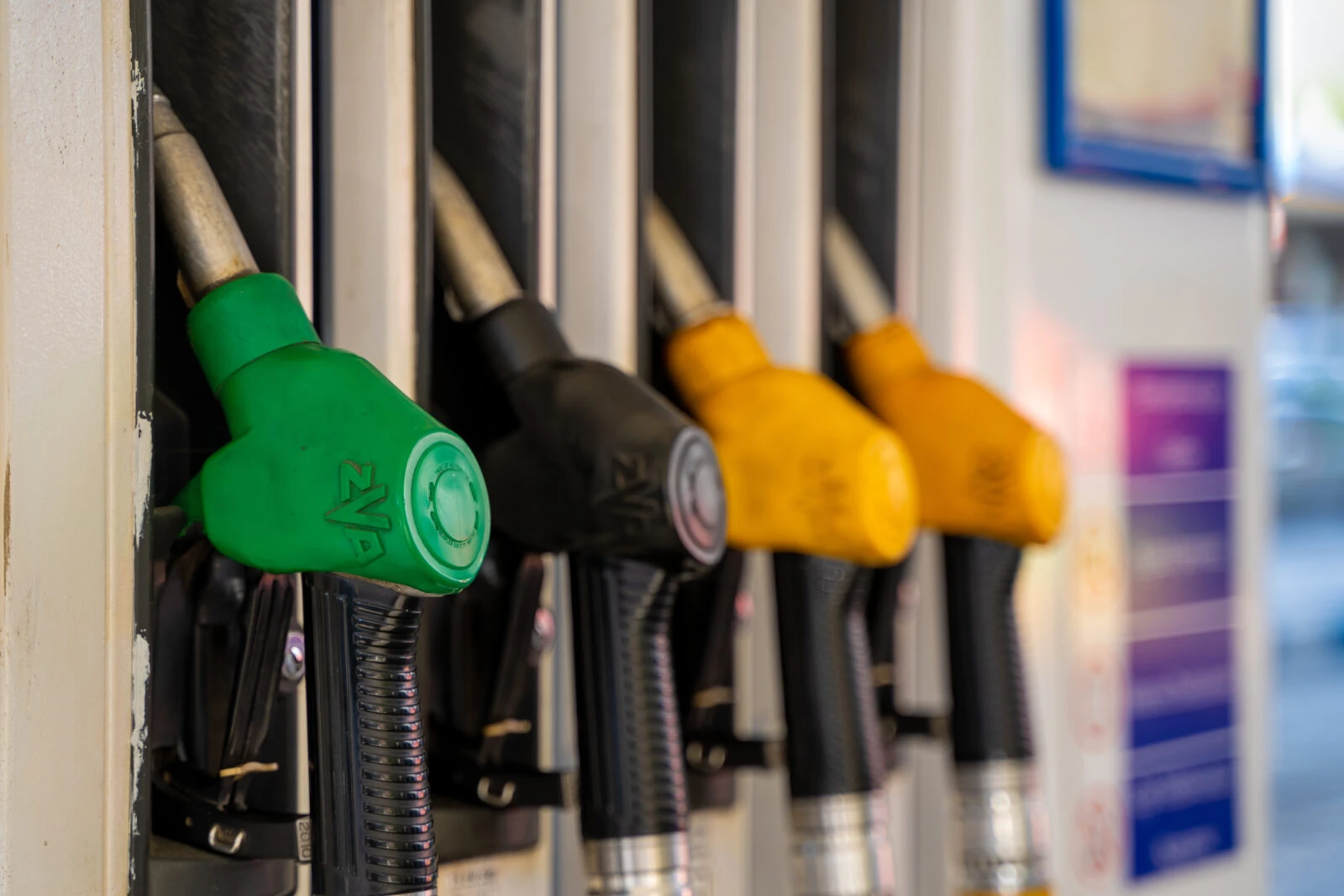 Color-coded fuel nozzles at Turkish gas station