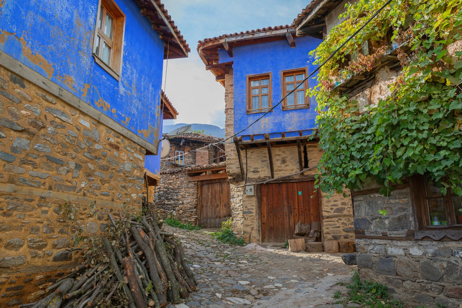 A charming street in Cumalikizik, featuring traditional Ottoman-era houses with blue facades, cobblestone roads, and stacked firewood.