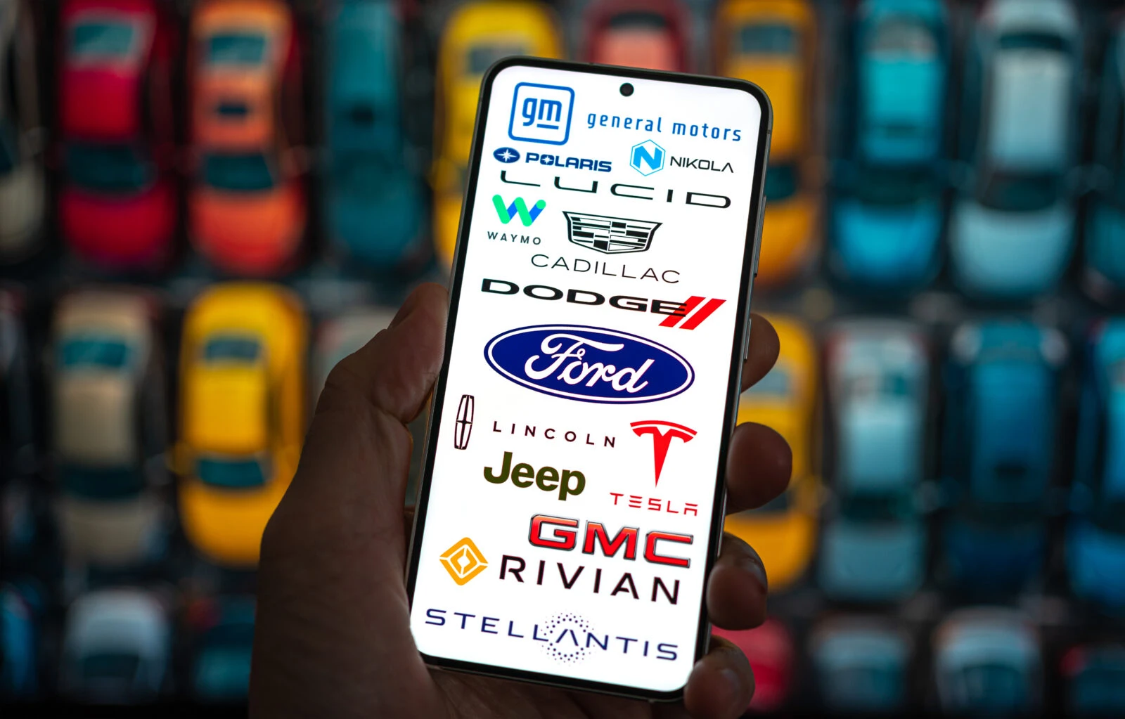 US car manufacturer brands displayed on mobile phone