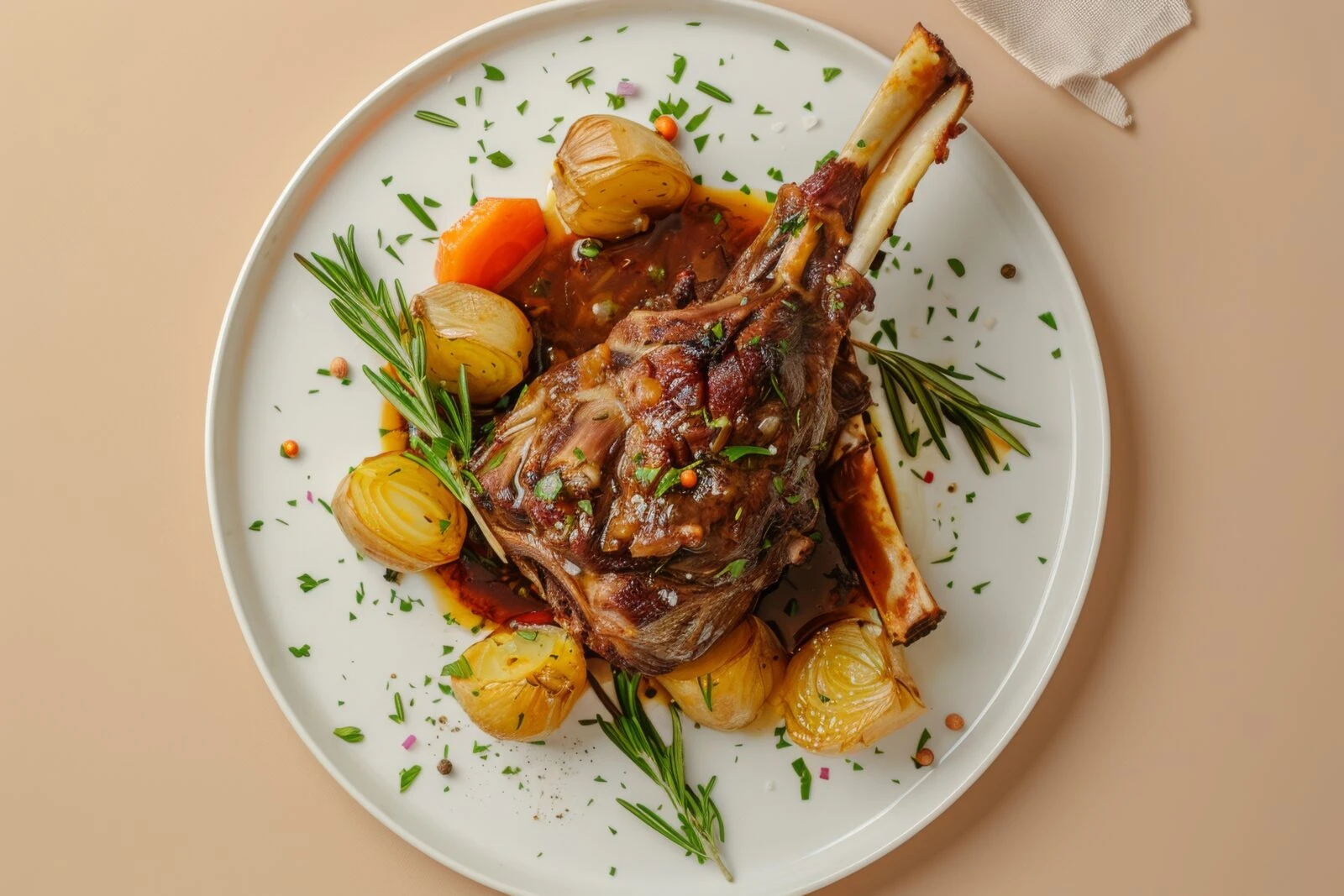 iftar meal - A plate of tender, oven-baked lamb shank accompanied by roasted vegetables and fresh herbs.