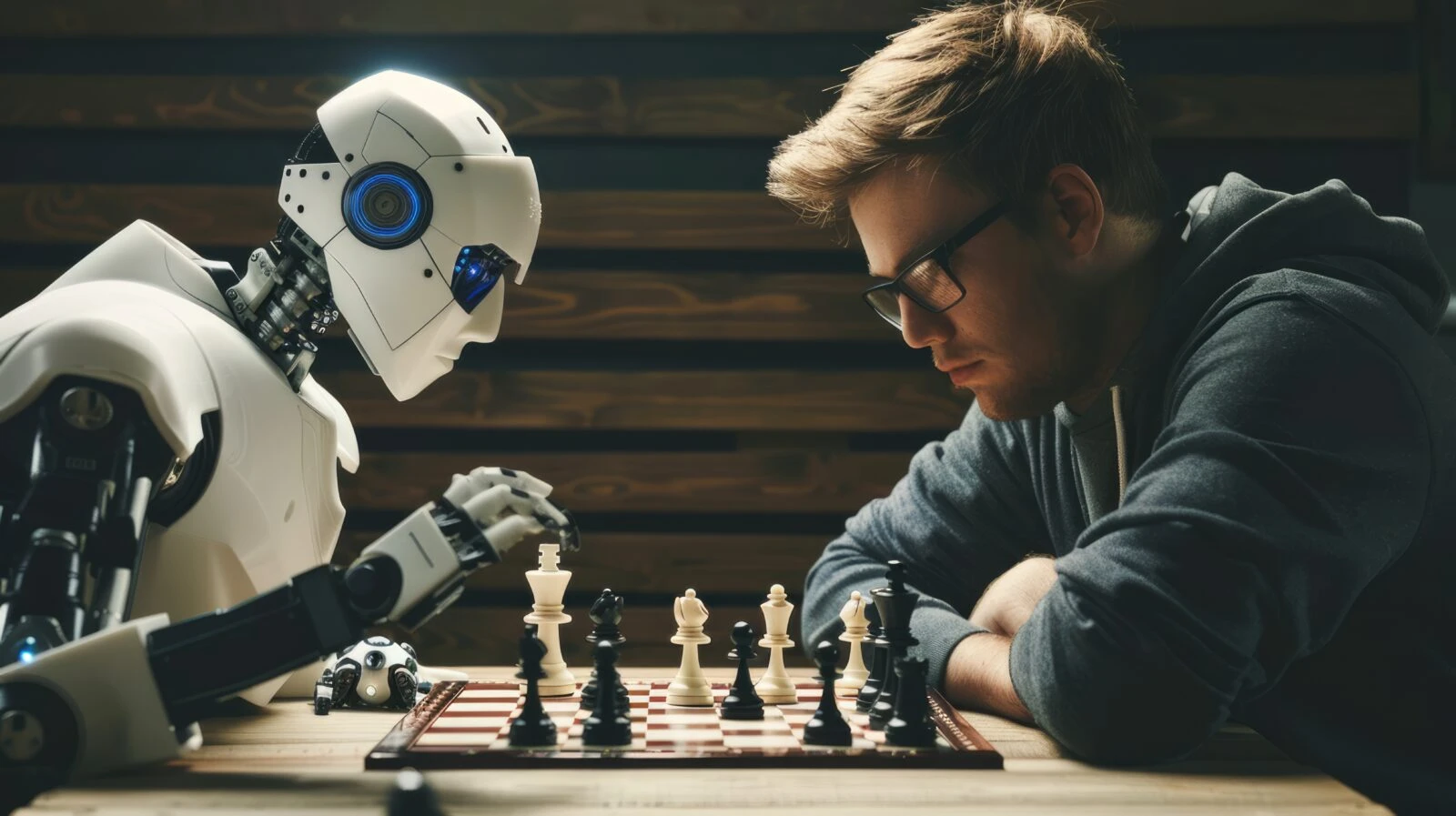 Artificial intelligence android vs human. Robot plays chess against man. Concept of rivalry and fight between machines and people