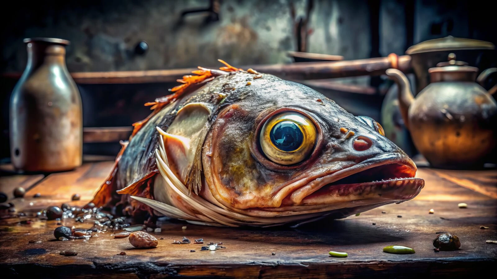 Rotten fish head with slimy skin and bulging eyes on a rusty metal table in a dimly lit kitchen. - Turkish proverbs