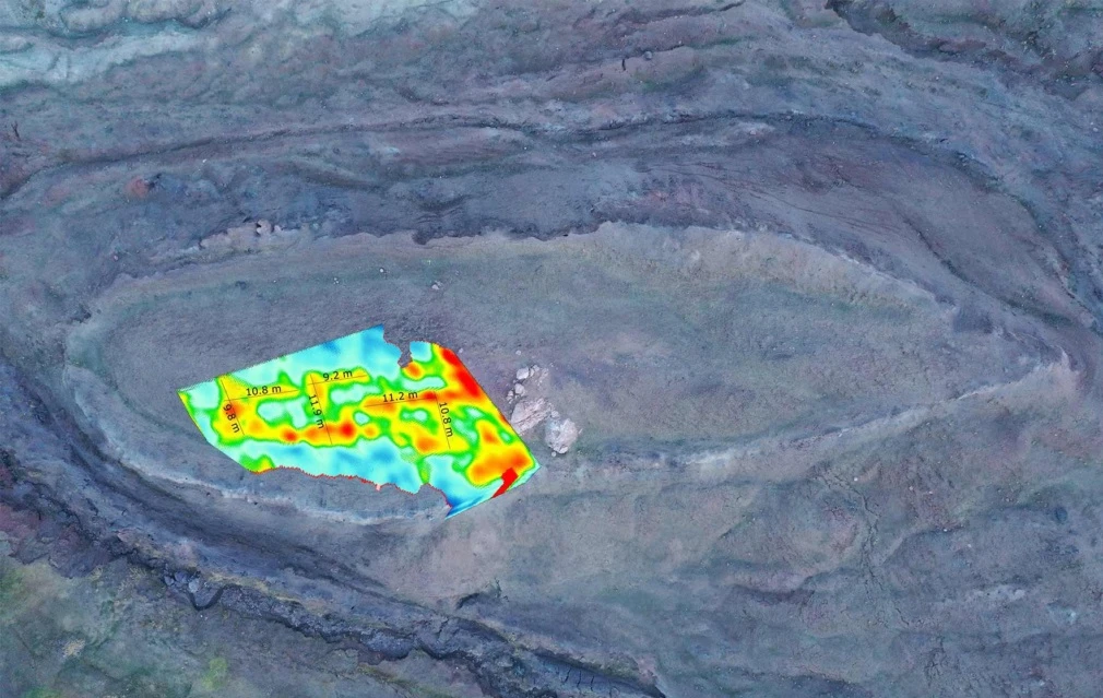 An aerial view of the Durupinar Noah’s Ark site, showing the preliminary results of the 2019 Ground Penetrating Radar (GPR) scan, highlighting underground anomalies.