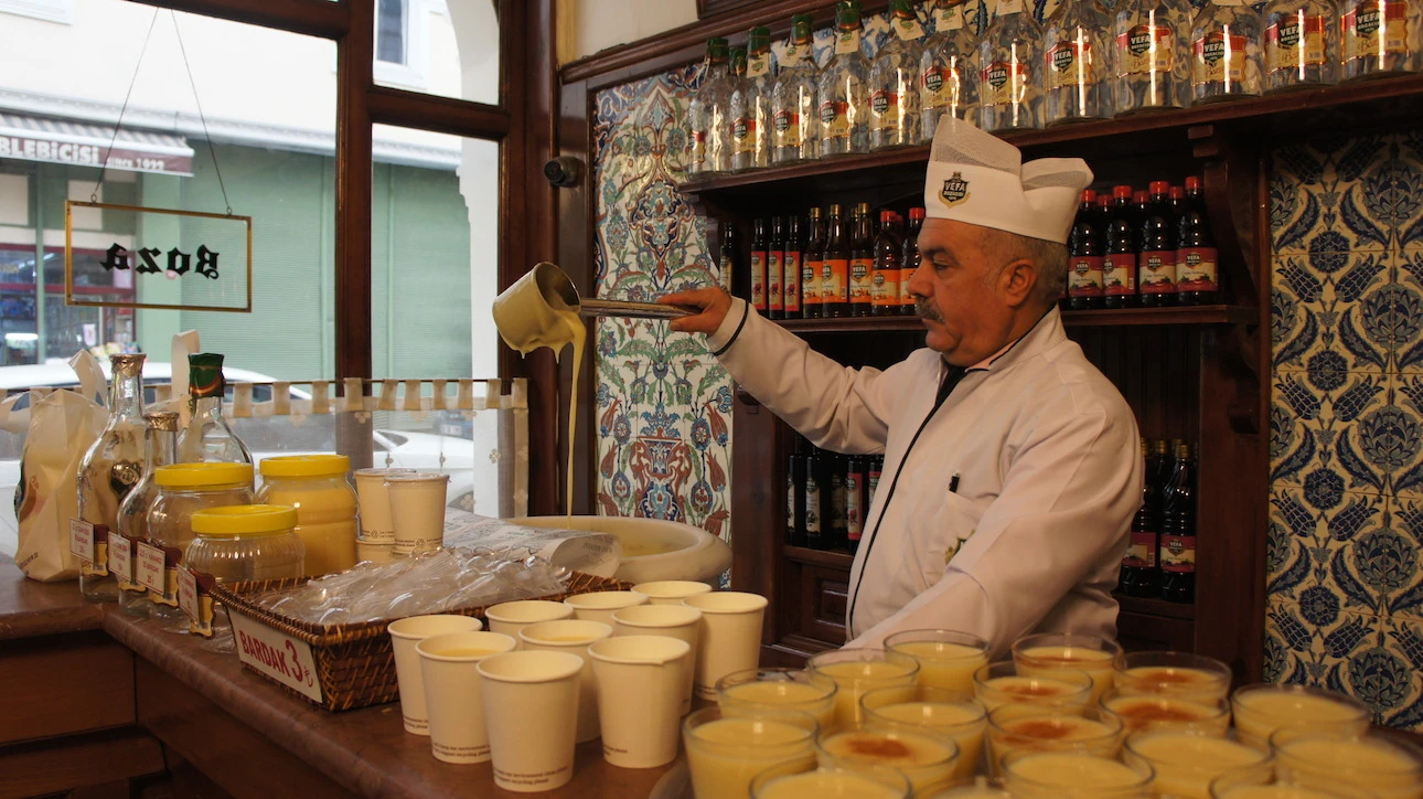 Glass of boza, a traditional fermented Turkish drink, from Istanbul’s Vefa district.