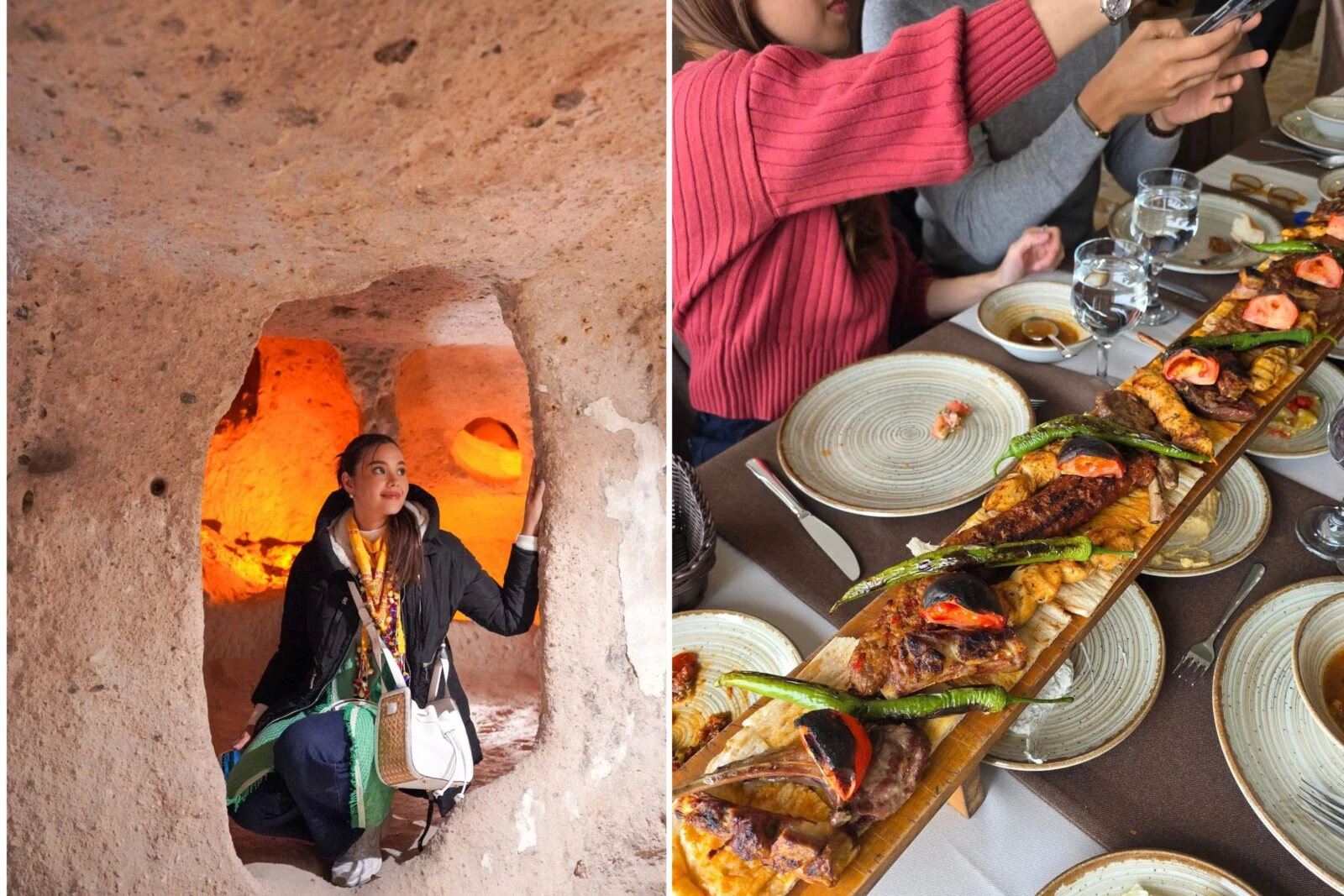 Collage of Catriona Gray in an underground city and dining in Cappadocia