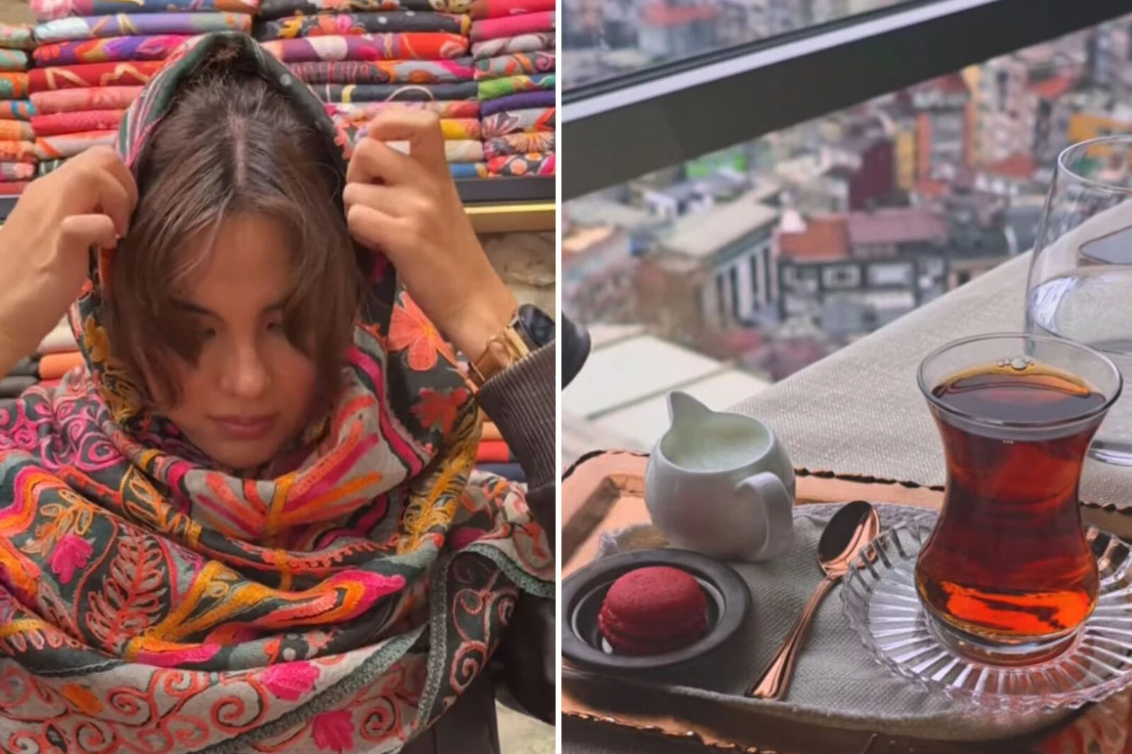 Catriona Gray in Istanbul, Turkey, wearing a shawl and enjoying tea.