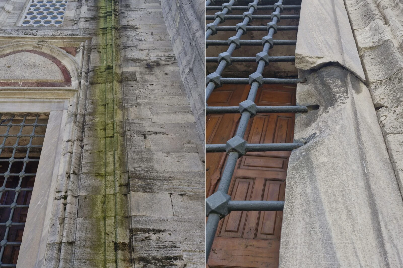 Damage on the exterior of Sehzade Mosque in Fatih, Istanbul