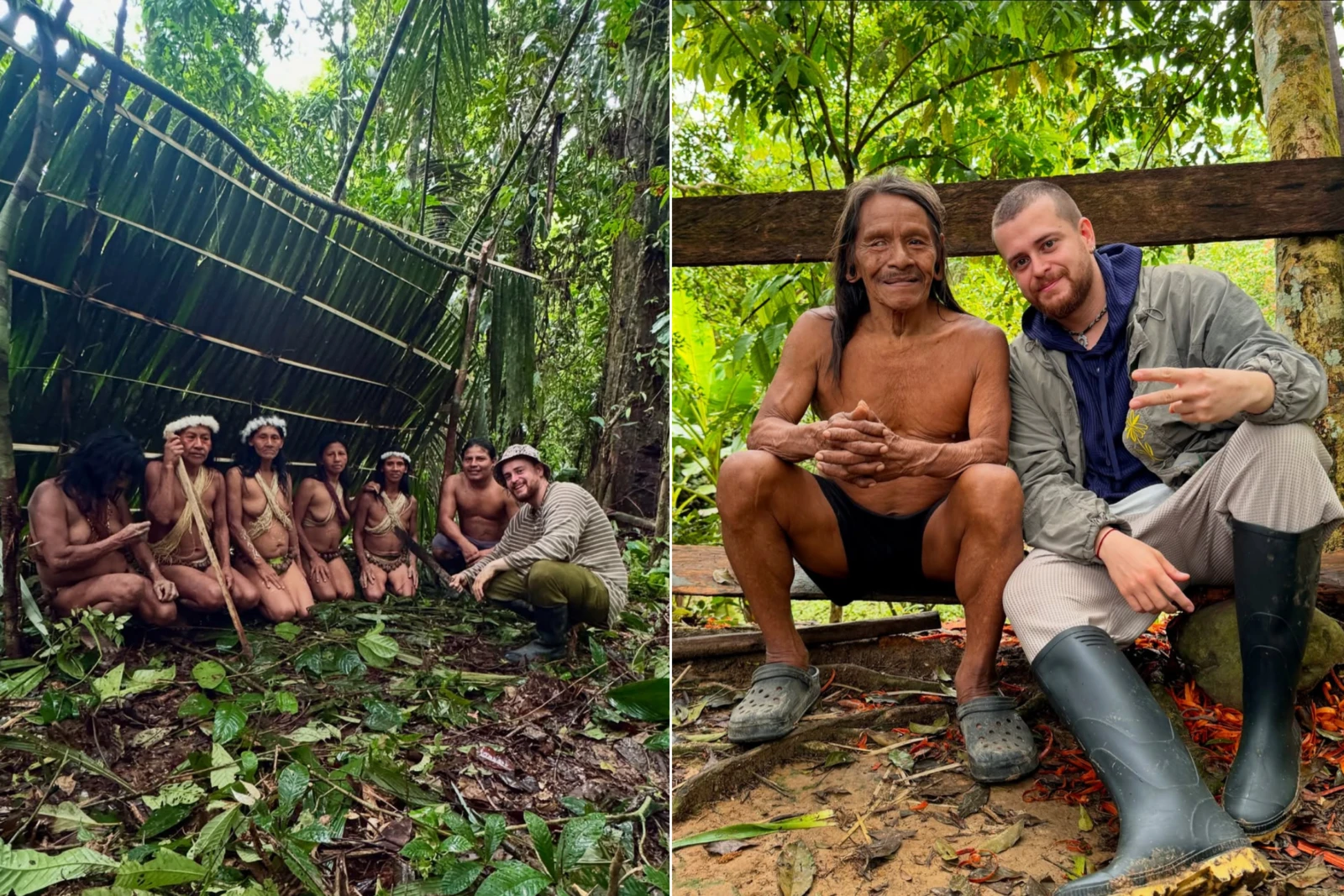 Waorani tribe people and Alper Rende sitting in the Amazon rainforest, under a shelter made of palm leaves, dressed in traditional attire.