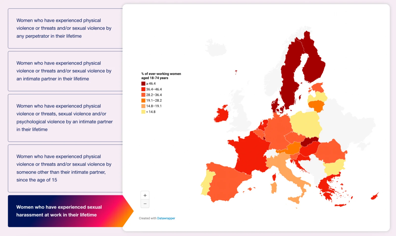 A European heatmap showing the prevalence of sexual harassment at work among women, with darker shades indicating higher percentages and Nordic countries reporting the highest rates.