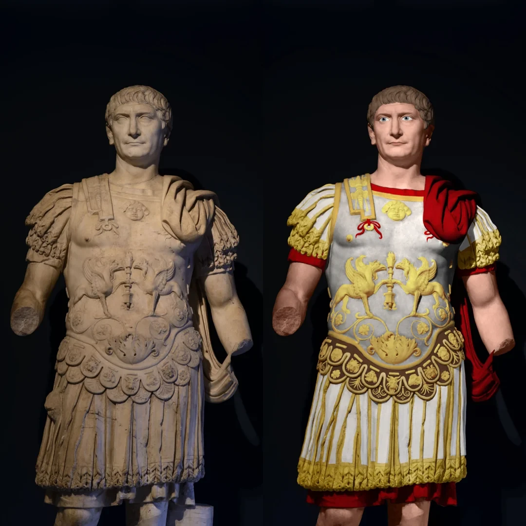 A digital recreation of Emperor Trajan's statue, with vibrant colors enhancing the ancient sculpture.