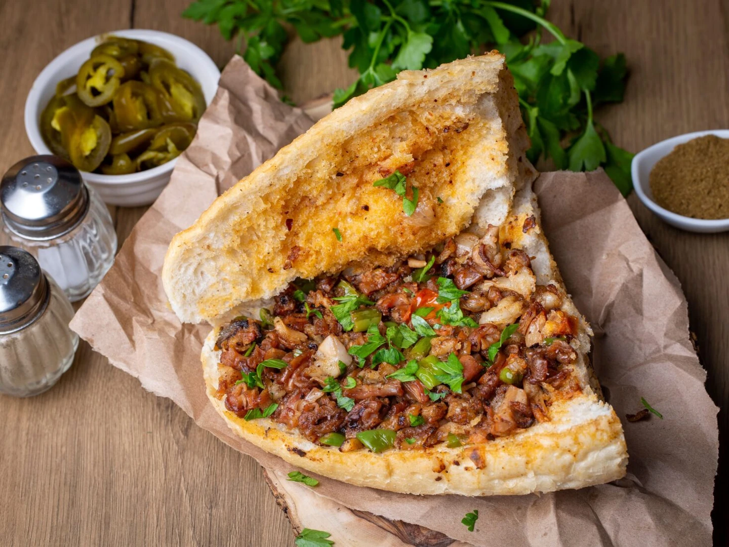 A plate of uykuluk, a traditional Turkish offal dish, served with bread in Sütlüce, Istanbul.