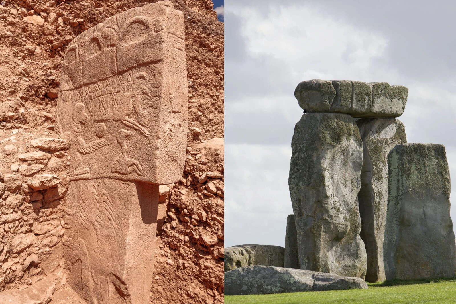 A photo collage showcasing Pillar 43 from Gobeklitepe alongside images of Stonehenge.