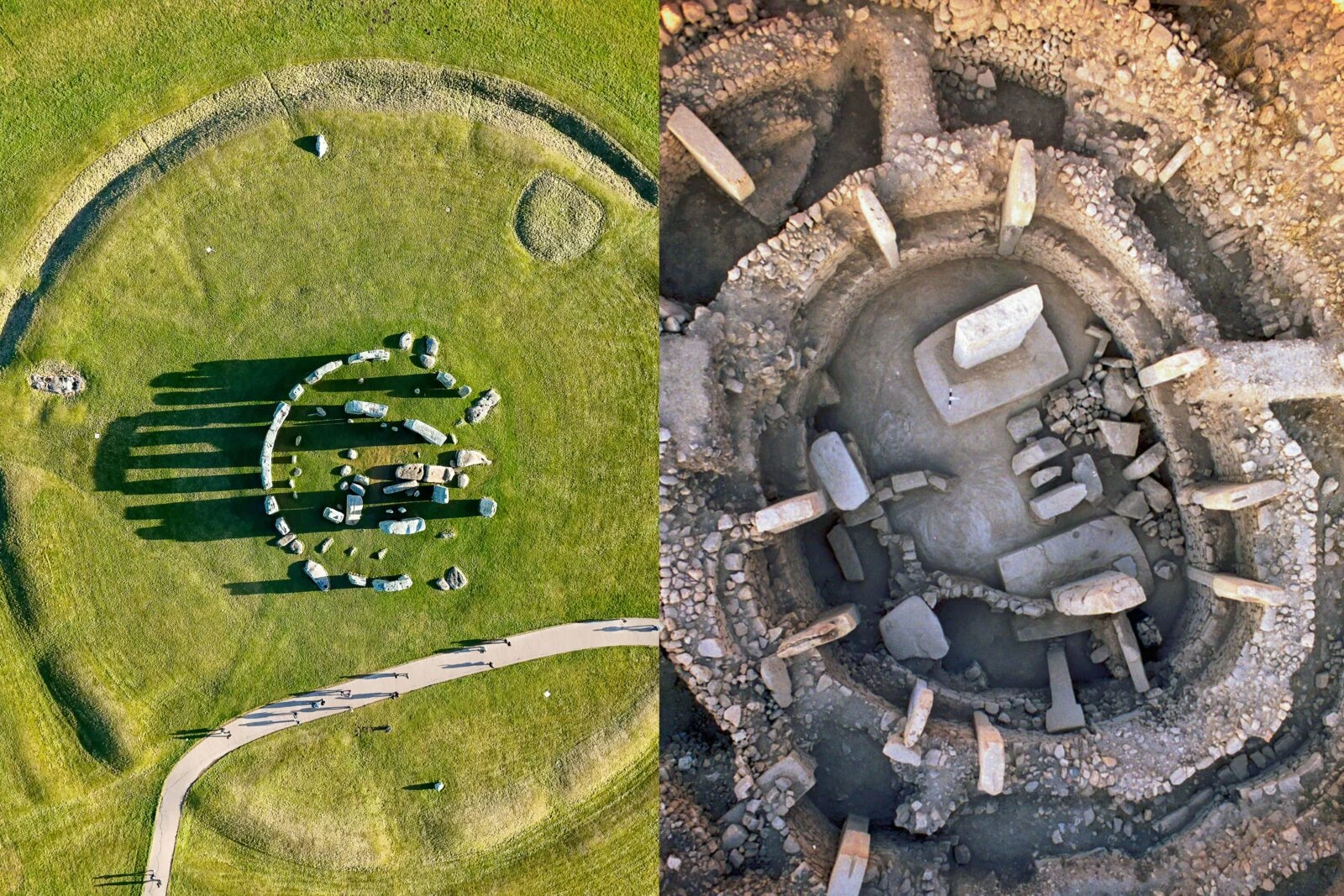 A photo collage featuring aerial views of Gobeklitepe and Stonehenge, highlighting the ancient sites from the sky.