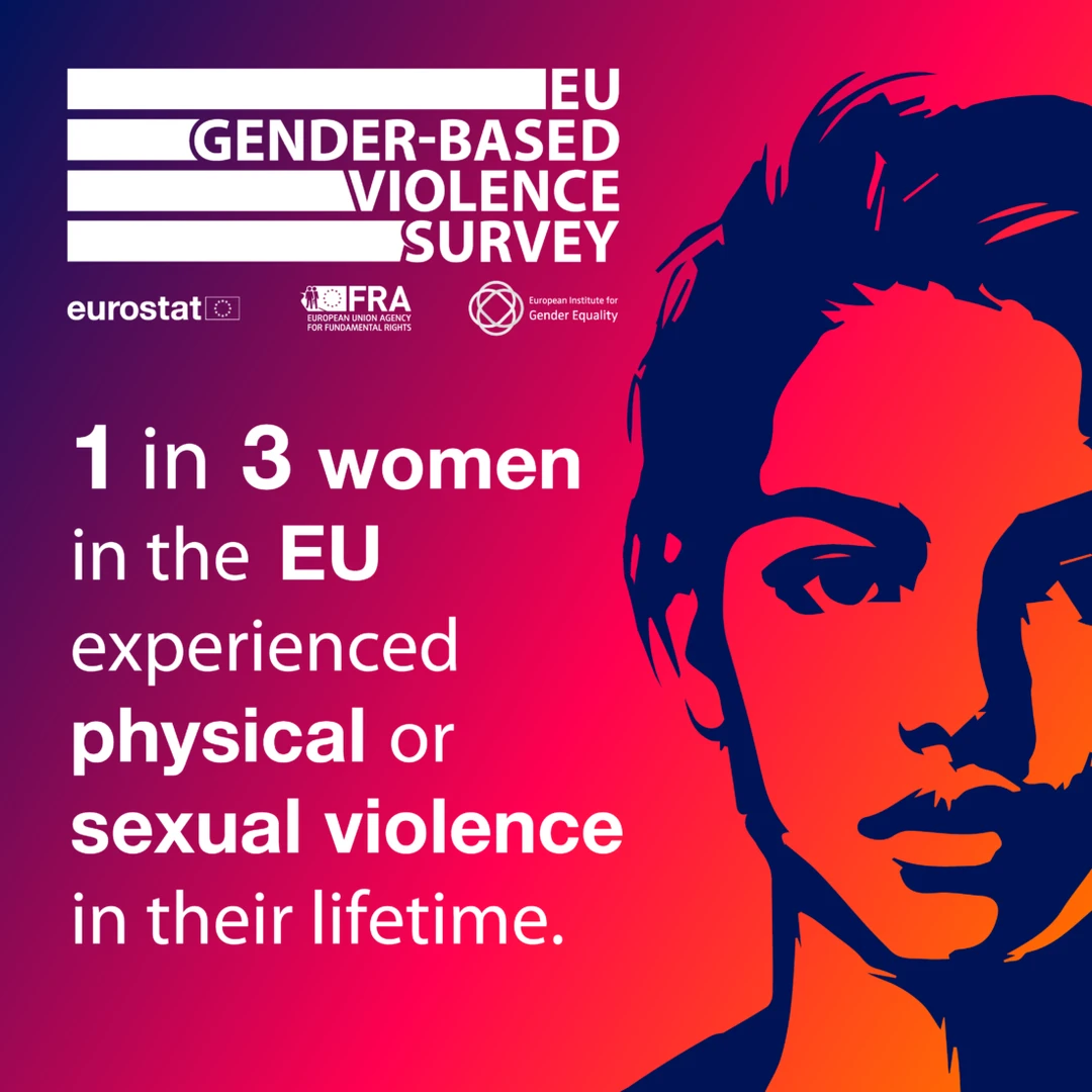 Graphic stating that one in three women in the EU have experienced physical or sexual violence, with a stylized illustration of a woman and official EU logos.