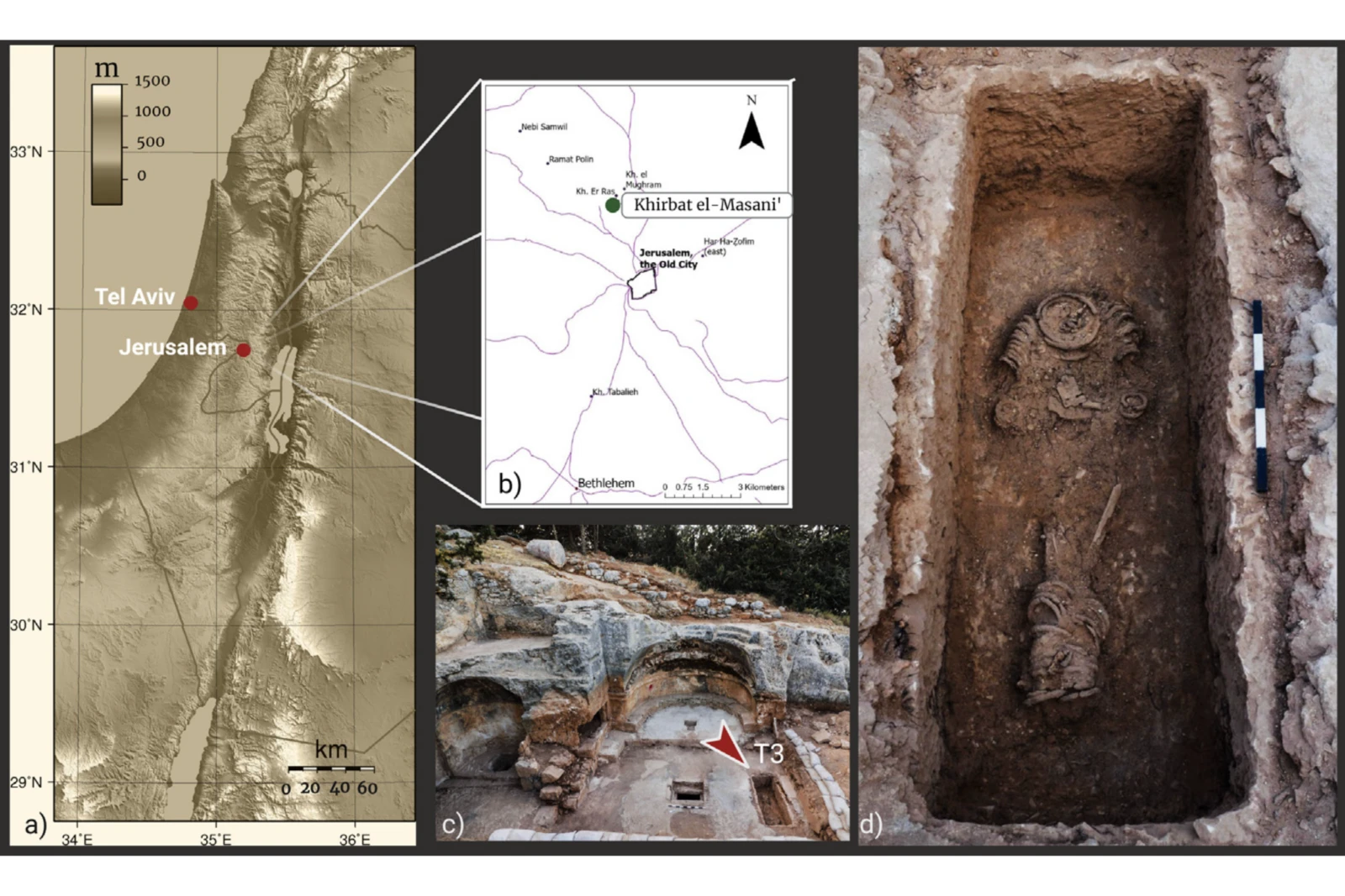 A topographic map showing the location of Khirbat el-Masani near Jerusalem, Israel. The image includes an inset zooming into the archaeological site, highlighting the ruins of El-Masani church and marking the location of the T3 tomb where a chained individual was found.