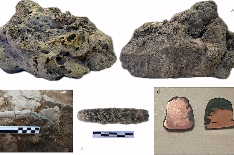 Various archaeological finds, including vitrified material, a composite chisel-axe with a bone handle, a chisel-axe, and the cross-section of a copper object