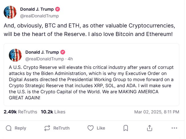 Photo shows U.S. President Trump's post about cryptocurrencies on his Truth Social account.