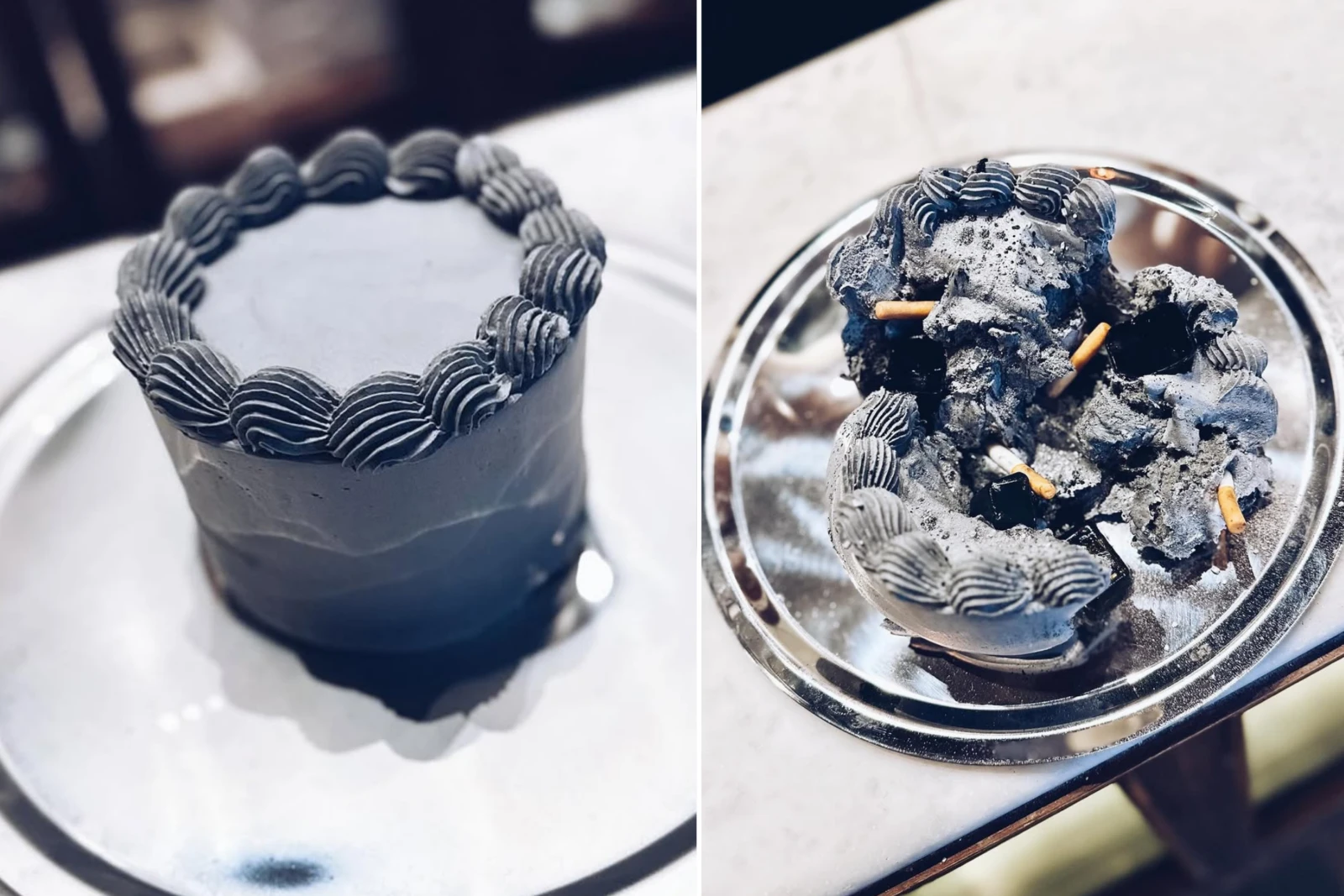 A two-part image of a grey cake from Dehsetli Guzel at Markiz Pastanesi; the left side shows the cake intact with decorative frosting, while the right side shows it partially destroyed with sugar-crafted cigarette butts and ice cubes scattered on top.